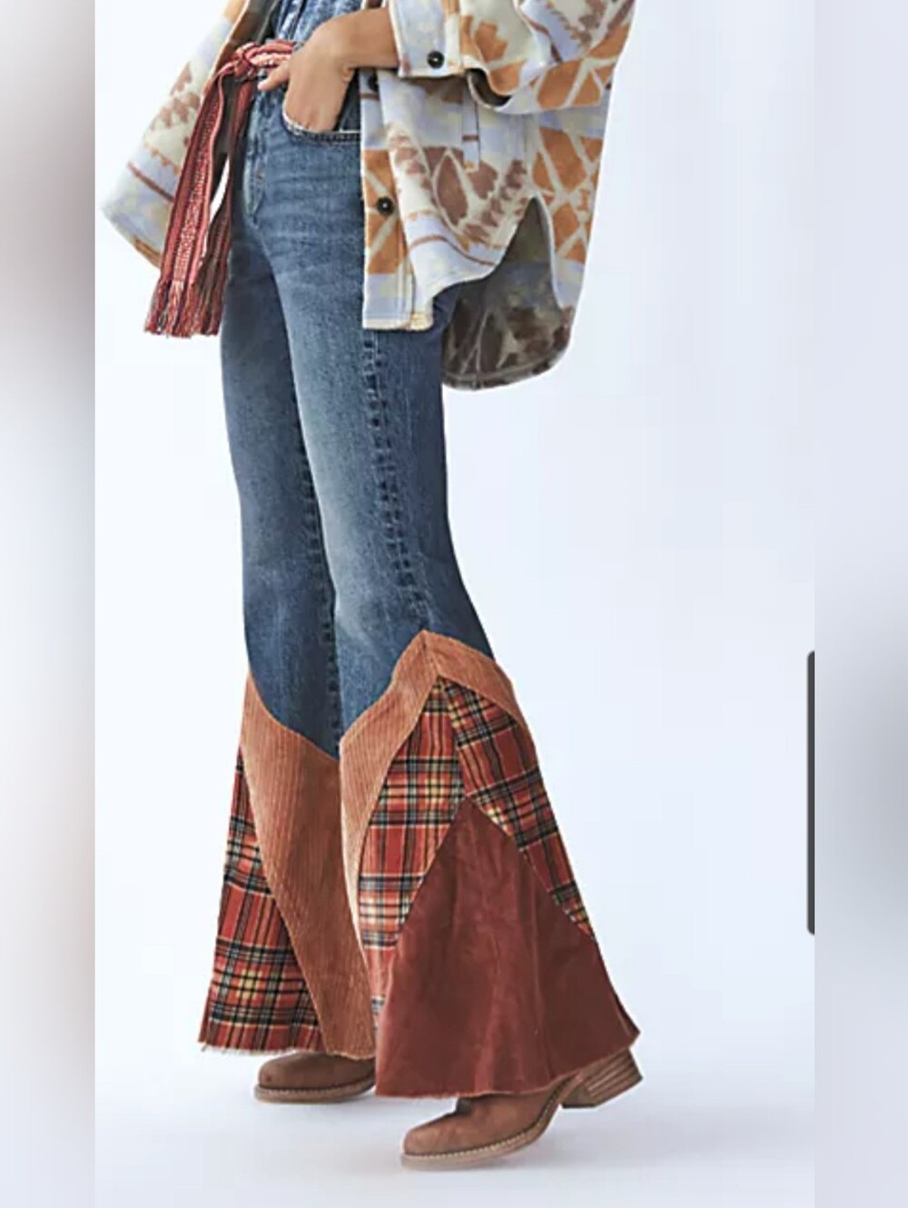 Free People Flashback Flare Jeans with Rust & Plaid Panels